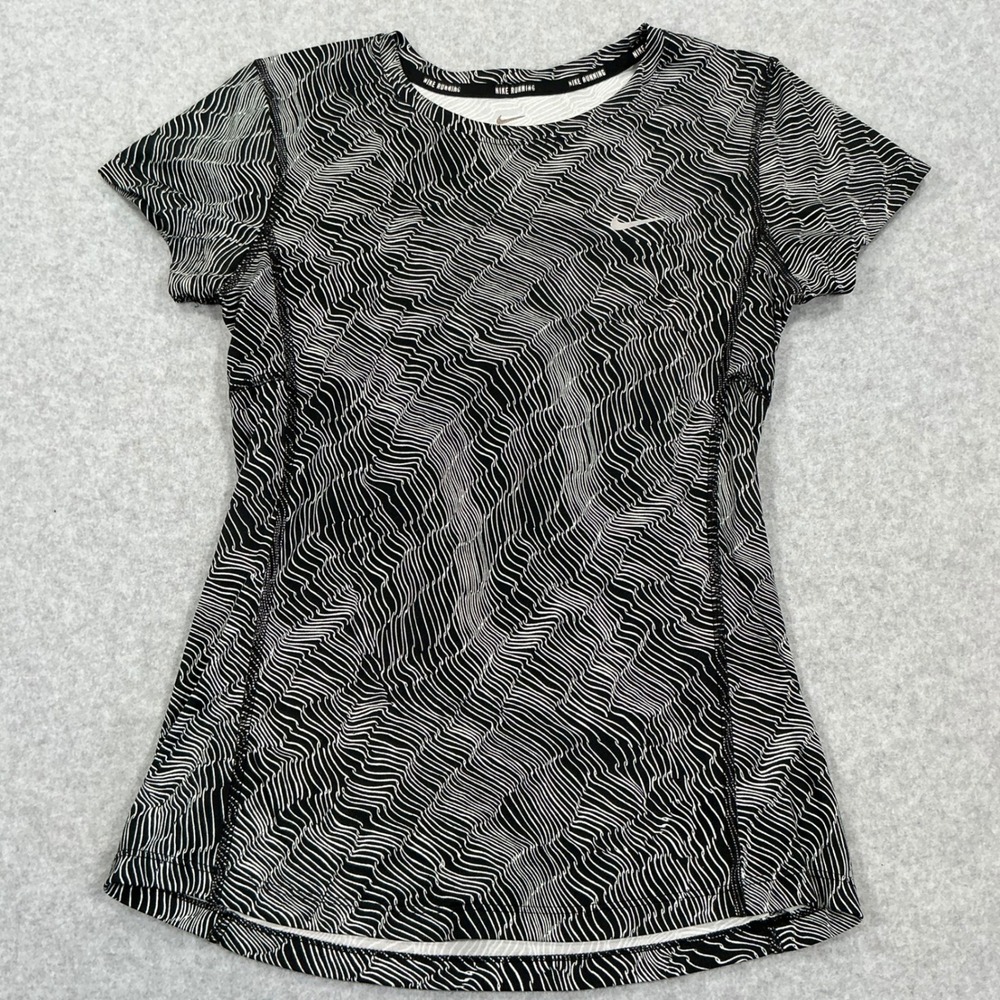 Nike Running Dri-FIT Shirt Womens S Black White Wavy Optic Print Short Sleeve